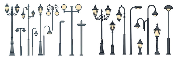 Collection of various street lamp designs in different styles for urban lighting solutions