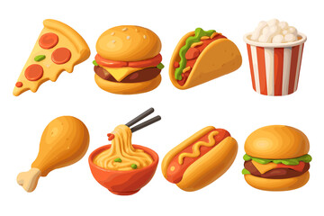 Assorted colorful fast food items displayed on a white background, including pizza, burgers, tacos, and more