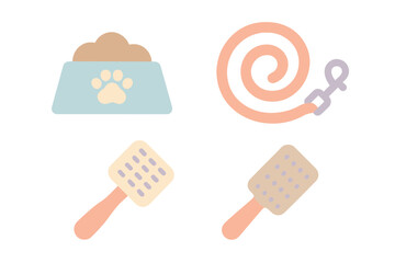 Pet care essentials for dogs with a feeding bowl, leash, and grooming tools displayed in a colorful layout
