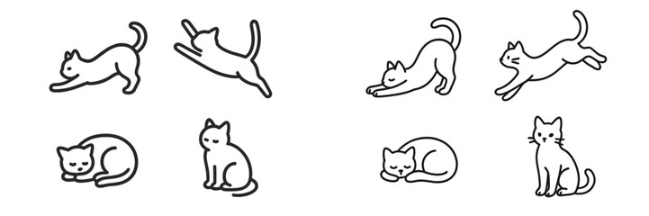 Various playful and relaxed cats showcasing different poses and activities in a simple and whimsical style