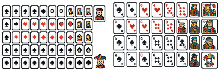 Deck of cards displaying a unique arrangement of illustrations, showcasing suits and face cards in a playful design