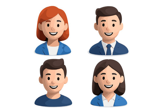 Diverse group of animated characters in professional attire smiling against a plain background