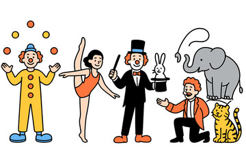 Colorful circus performers showcase their talents with juggling, acrobatics, magic, and trained animals in a vibrant performance setting