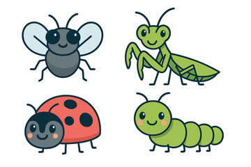Colorful cartoon insects including a bee, mantis, ladybug, and caterpillar in a playful design for educational purposes
