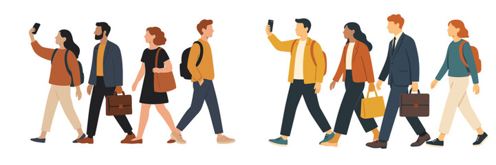 People walking in urban area using smartphones during day with diverse clothing styles and bags