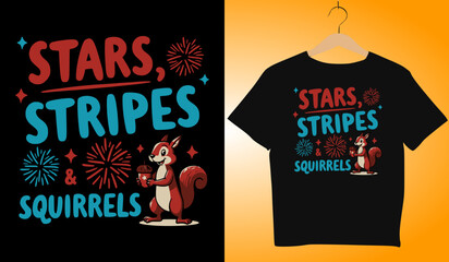 Stars, Stripes & Squirrels T-Shirt Design: Patriotic 4th of July Apparel with Cartoon Squirrel, Fireworks, Red, White & Blue Graphic Tee Mockup
