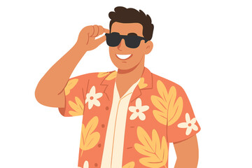 Confident man wearing sunglasses and a floral shirt enjoying summer outdoors