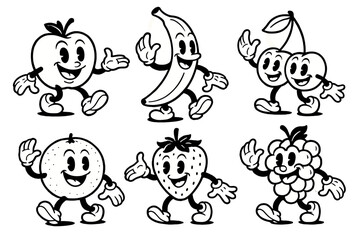 Fun cartoon fruits with cheerful expressions and lively poses represent joy and health in playful designs
