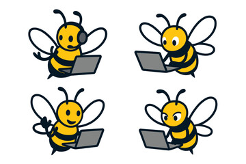 Busy cartoon bees engaged in various tasks on laptops in a cheerful workspace with a fun atmosphere