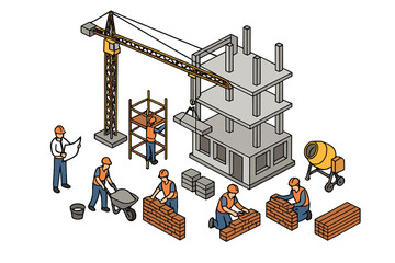 Construction workers build multi-story structure with cranes and tools in urban setting during daylight hours