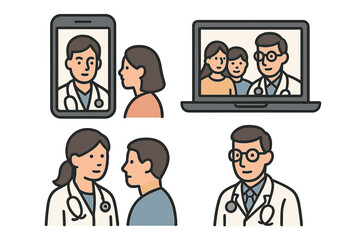 Doctors conducting virtual consultations with patients and families in different settings for medical advice and support