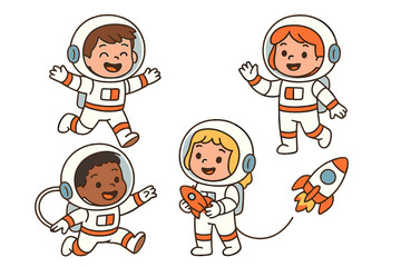 Kids in space suits playing and exploring with a rocket in a fun, colorful cartoon setting