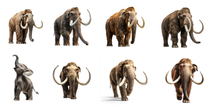 Collection of mammoth with its head turned to the side, carefully examining its surroundings. isolate on transparent background