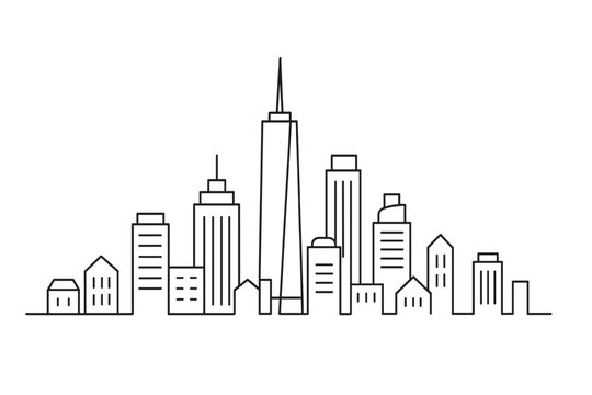 Urban skyline silhouette showcasing modern architecture against a clear background