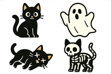 Cute Halloween-themed cartoon characters featuring a black cat, ghost, and skeleton cat in playful designs