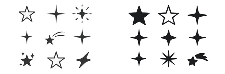 Various star shapes and designs in black and white suitable for digital and print use in creative projects