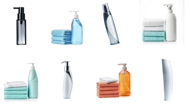 Collection of blank plastic pump bottle tilted slightly, showcasing its smooth, clean design with the pump head slightly angled. isolate on transparent background