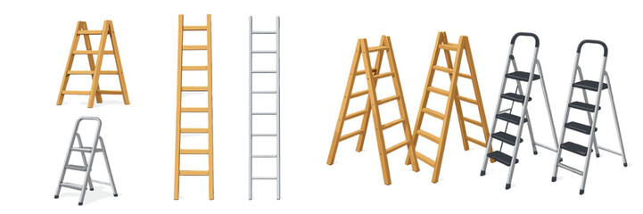 Different types of step ladders in various materials and designs displayed on a white background