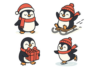 Cute cartoon penguins engaging in winter activities like sledding, ice skating, and gift giving during a snowy holiday season