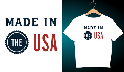Made in USA T-Shirt Design Mockup: Patriotic Apparel Graphic, American Made Clothing, Vector Illustration for Online Store, White Tee on Hanger