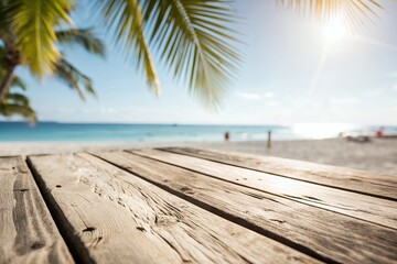Rustic wooden beach deck with palm tree and ocean view