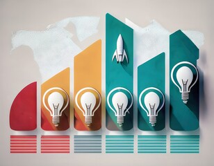 Innovative Business Growth Chart with Rocket and Lightbulb Ideas, Rising Profits, Success, and Startup Concepts, on a Textured Background