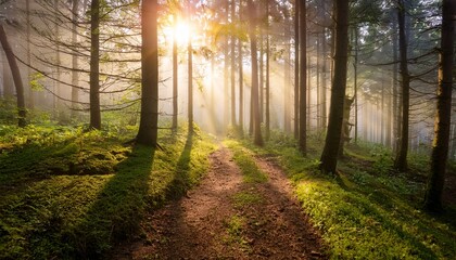 Obraz premium sunlit path through misty forest