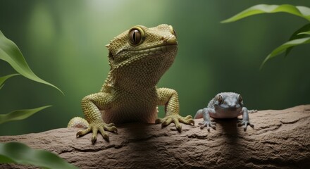 Two Geckos on Branch in Nature Scene Close View