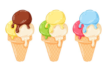 Set of ice cream in cartoon isolated on a white background. Waffle cone sundae flavors of blueberry, strawberry, pistachio, almond, lemon and chocolate.