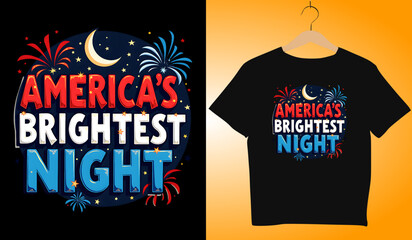 America's Brightest Night T-Shirt Design: Patriotic 4th of July Apparel with Fireworks, Moon, and Bold Typography for Independence Day Celebration