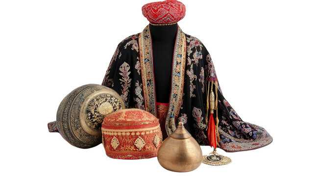 Armenian taraz costume with heritage accessories Transparent background, PNG file