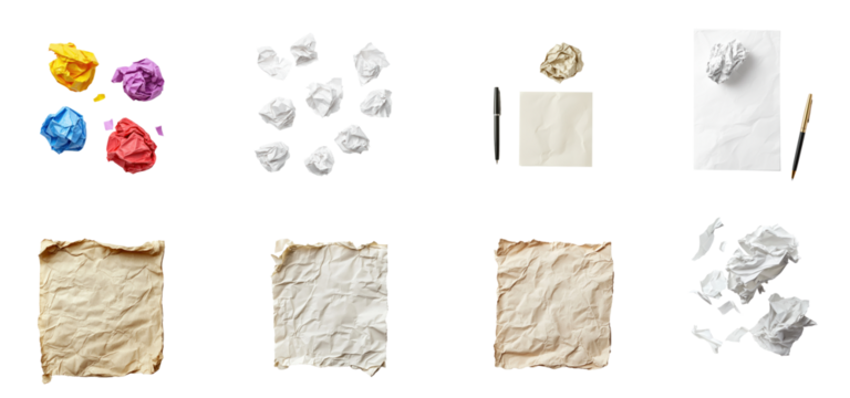 Collection of few crumpled paper balls scattered across a transparent background
