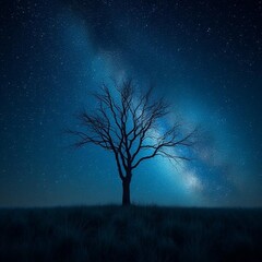 Soft grass on the ground moving softly in the wind, blue-purple night tones, a lone dry tree silhouetted against a deep night sky full of stars and a luminous Milky Way band, a serene and enchanted mo