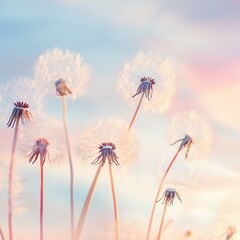 Obraz premium pastel sky with dandelion seeds floating gently