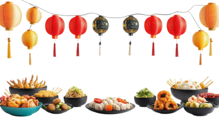 Asian street food menu with lantern graphics and bold colors Transparent background, PNG file