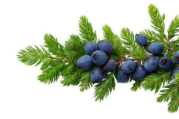 juniper branch with vibrant blue berries isolated on white background