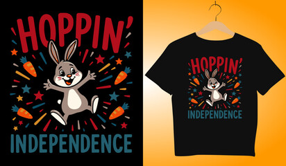 Hoppin' Independence Day T-Shirt Design: Patriotic Bunny Rabbit with Carrots & Stars - Festive 4th of July Apparel Graphic for Kids & Adults