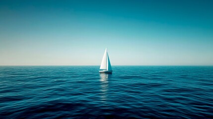 Obraz premium A tiny sailboat drifts peacefully on calm waters, surrounded by the endless horizon. The clear sky enhances the feeling of solitude and freedom as nature unfolds in its simplicity