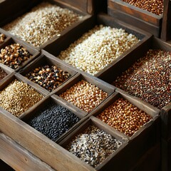 variety of grains and seeds in wooden containers