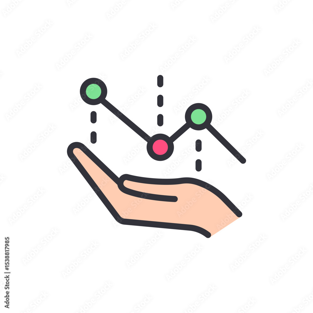 Poster graph analysis on hand showing data trends and performance monitoring