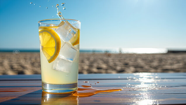 Deliciosa limonada natural con hielo y rodajas frescas de lim&oacute;n, recibiendo un chorro de agua que genera un efecto de explosi&oacute;n refrescante