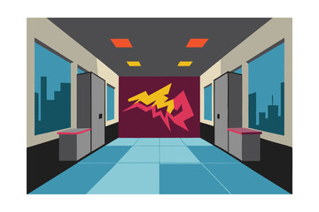 Retro Office Corridor 80s Style Interior Design with City Views
