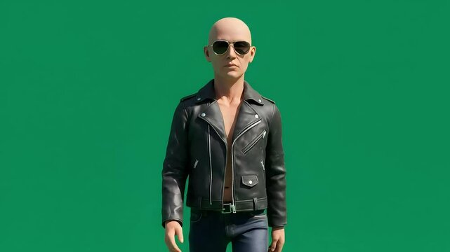 A 3D clay model figure character man wearing a black leather jacket, sunglasses, and blue jeans walks against a solid green screen background