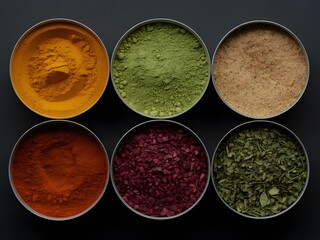 Six Metal Bowls of Colorful Spices Top View herbs seasoning