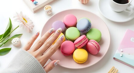 Obraz premium Pastel Perfection: Close-Up of Macarons, Coffee, and Nail Art on a Bright White Table