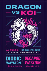 Dragon vs koi club music event poster with bold Asian myth illustration featuring dragon and fish in vibrant modern vector design