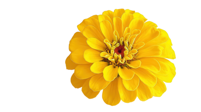 Bold yellow zinnia bloom with symmetrical petals, Transparent background, PNG file