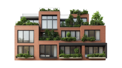 Brick rowhouse with modern windows and rooftop garden Transparent background, PNG file