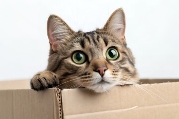Curious tabby cat peeking from cardboard box