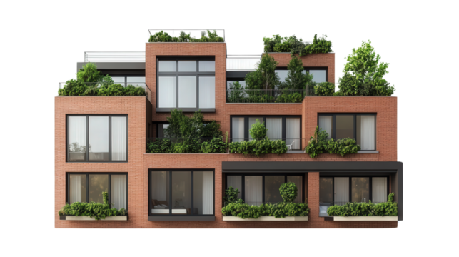 Brick rowhouse with modern windows and rooftop garden Transparent background, PNG file